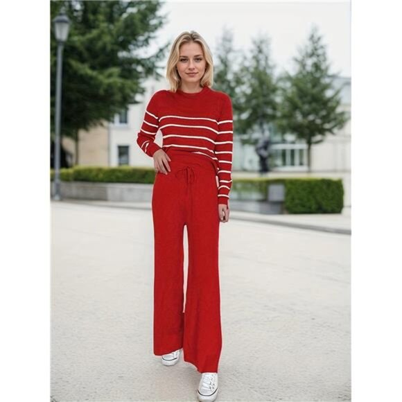 NEW - Burgundy Women'S Knit Sweater Set - Pullover Striped Top With Long Pants - Picture 4 of 8
